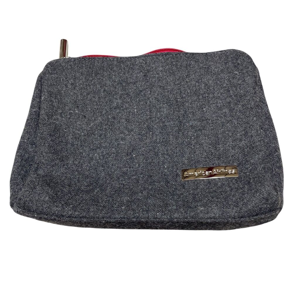American Airlines Grey Felt Lined Bag Makeup‎ Travel Zipper Closure